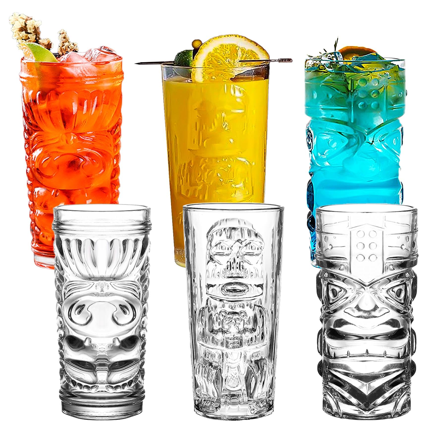 binsakao Tiki Glasses Set of 6-14 Oz Highball Glasses for Cocktail - Modern Clear Tropical Tiki Cups Tumbler Glass Set - Mixed Drinking Glass for Hawaiian Tiki Bar Island Party Beverages Iced Tea