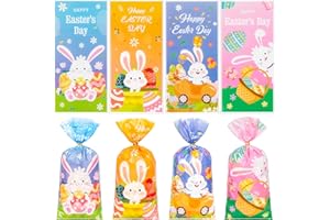 RICEDUO 100PCS Easter Cellophane Treat Bags, Easter Cellophane Candy Bag with Gold Twist Ties, Cute Plastic Cookie Snack Gift Bags for Spring Party Favor Supplies