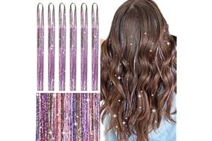 WENNALIFE Hair Tinsel for Girls, Rainbow Fairy Hair Tinsel Kit 1200 Strands 6PCS 48 Inch Heat Resistant Glitter Tinsel Hair Extensions Kit Christmas Hair Feathers Tinsel for Hair Sparkle Strands