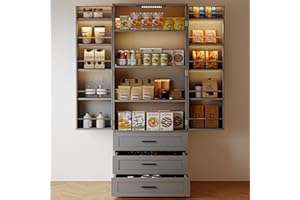 FJTJBSI 72" LED Kitchen Pantry Cabinet with 3 Drawers Farmhouse Tall Storage Cabinet Wood Food Pantry with Barn Doors and Adjustable Shelves Versatile Storage Freestanding Cupboard for Kitchen