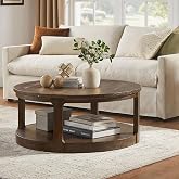 JUSTONE 40" Round Coffee Table for Living Room,2 Tier Traditional Round Circle Wooden Center Coffee Table,Rustic Industrial Coffee Table for Apartment, Easy Assembly (Brown)