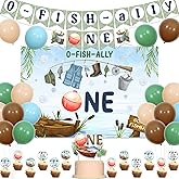 Sursurprise Fishing 1st Birthday Decorations, O Fish Ally One Backdrop Banner Gone Fishing Cake Topper Retro Balloons for Boys First Birthday Party Supplies