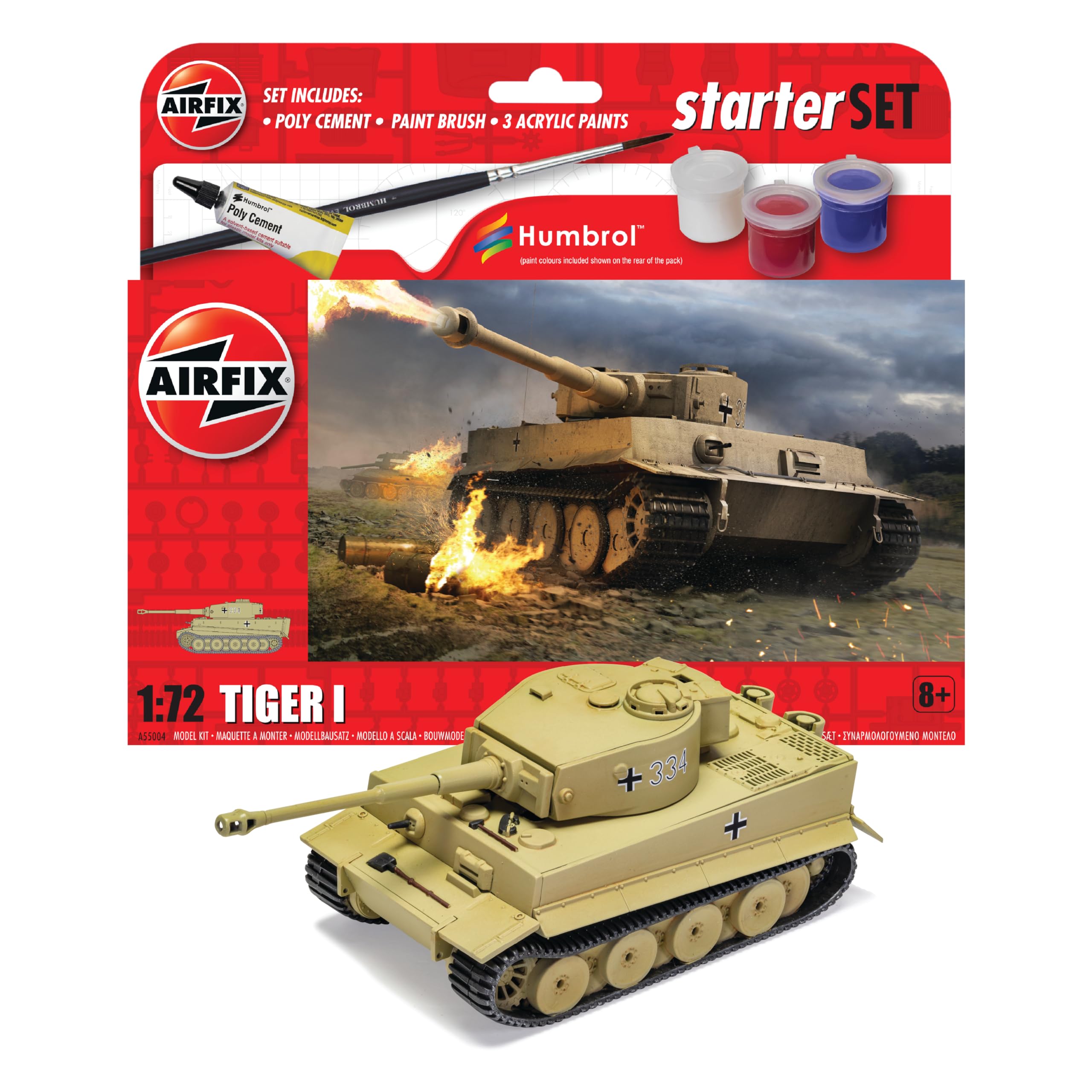 Airfix Starter Set - A55004 Tiger 1 Model Building Kit - Plastic Model Tank Kits for Adults & Children 8+, Set Includes Decals, Humbrol Acrylic Paints, Brushes & Poly Cement - 1:72 Scale Model