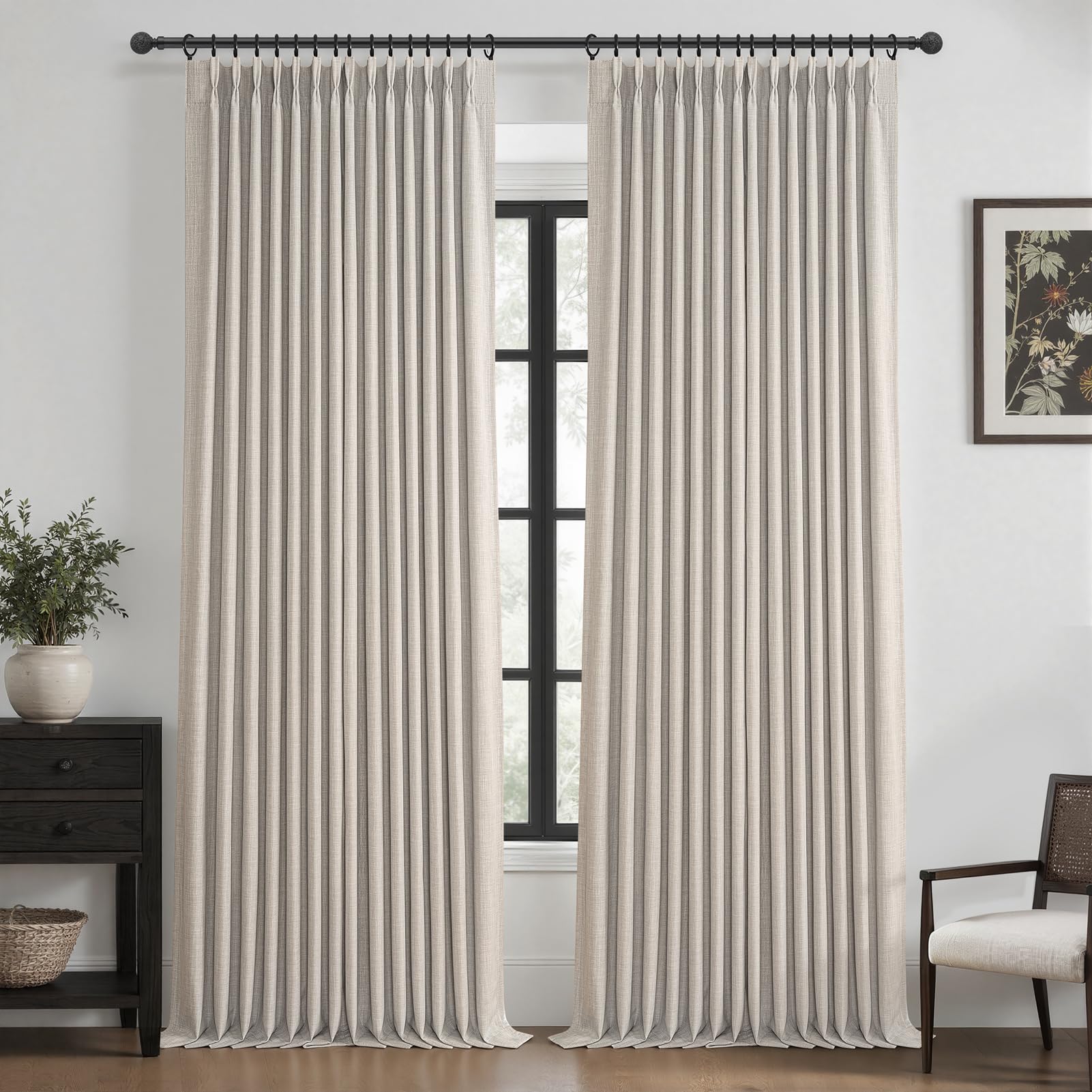 Extra Long Greyish Beige Pinch Pleated 108 Inch High Ceiling Curtains for Living Room 2 Panels Set, Memory Trained Blackout Double Layer Thick Linen Insulated Noise Blocking Luxury Windows Drapes 9FT