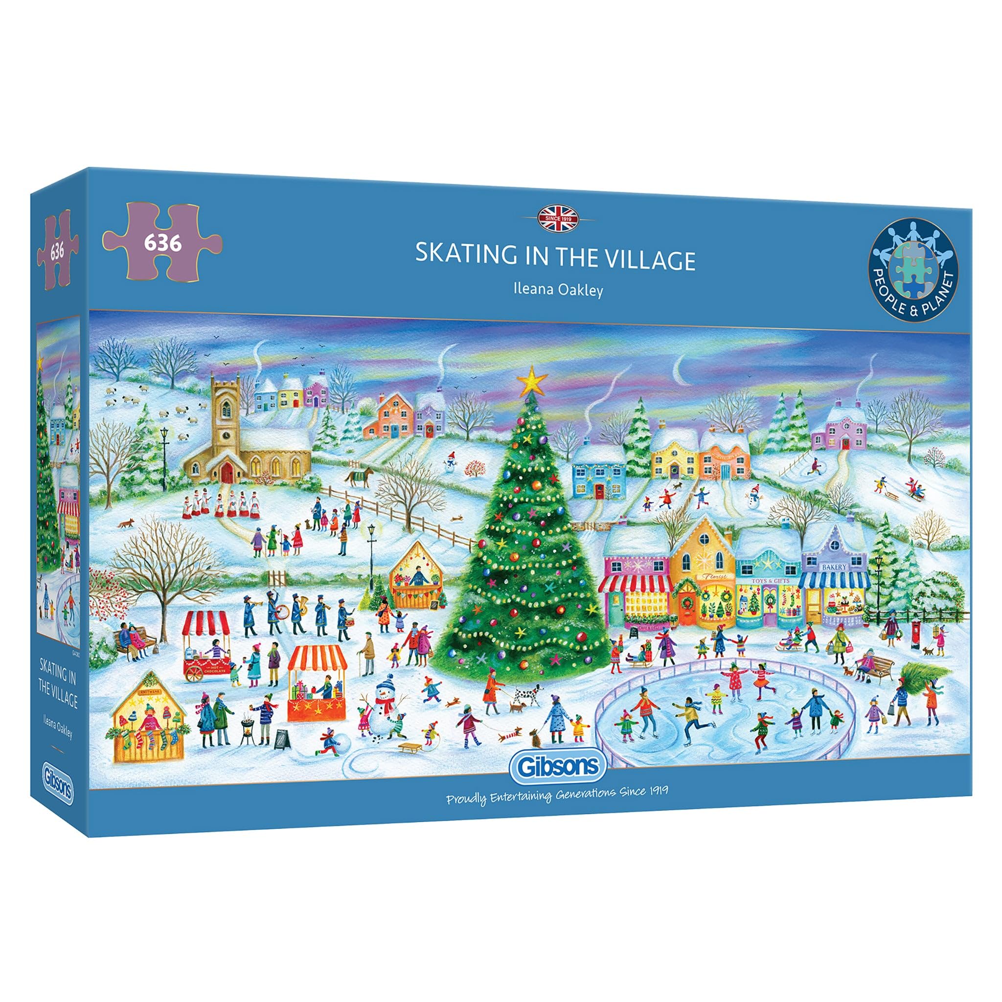 Gibsons Skating in the Village | 636 Piece Jigsaw Puzzle | Panoramic Christmas Puzzle | Sustainable Jigsaw Puzzle for Adults | Premium 100% Recycled Board | Great Gift for Adults