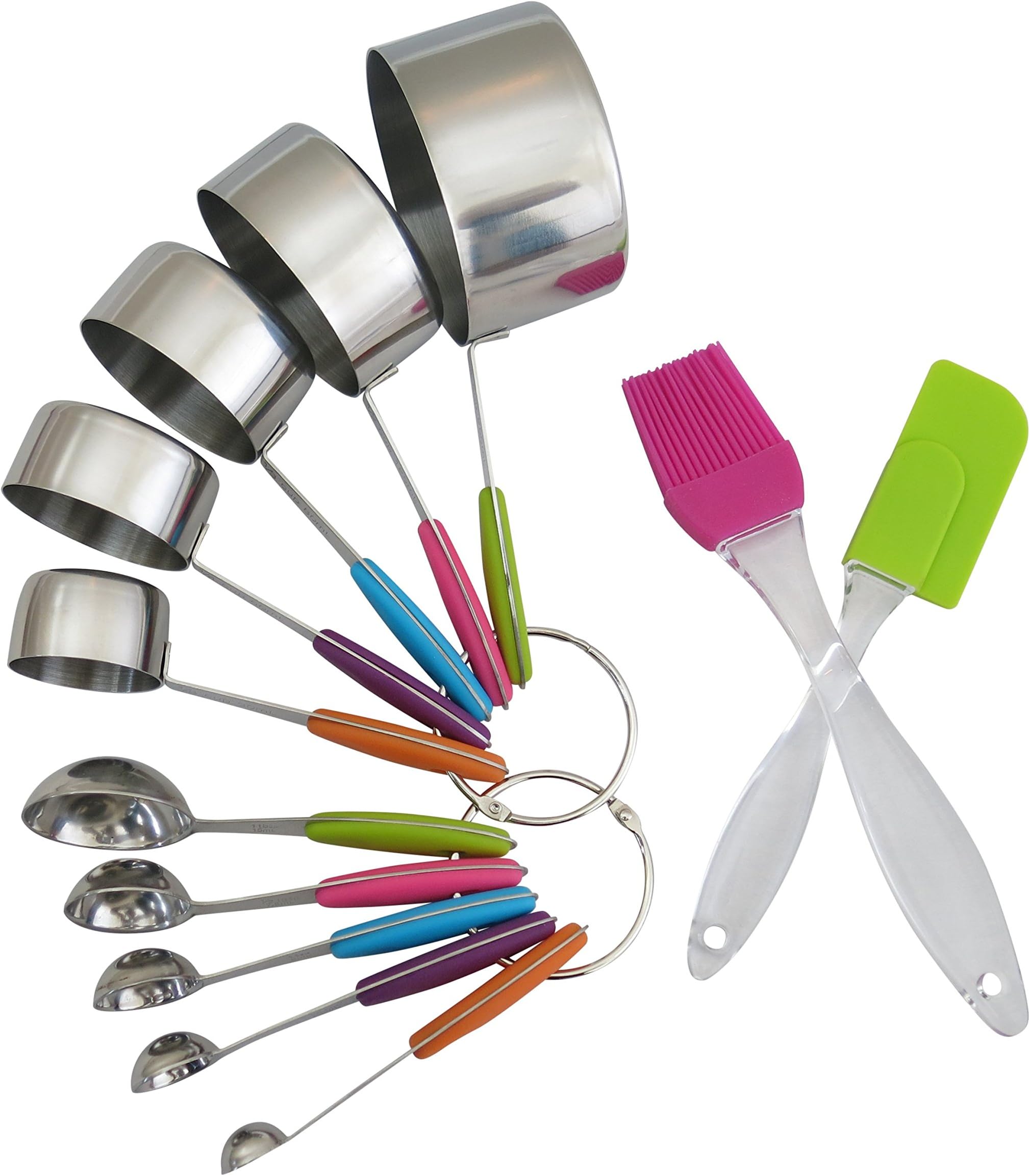 Measuring Cups & Spoons Set By Bakerino- 5 Spoons & 5 Cups Of Various Size- Stainless Steel With Colorful Silicone Handles- FREE BONUSES Baking Brush & Spatula- Dishwasher Safe!