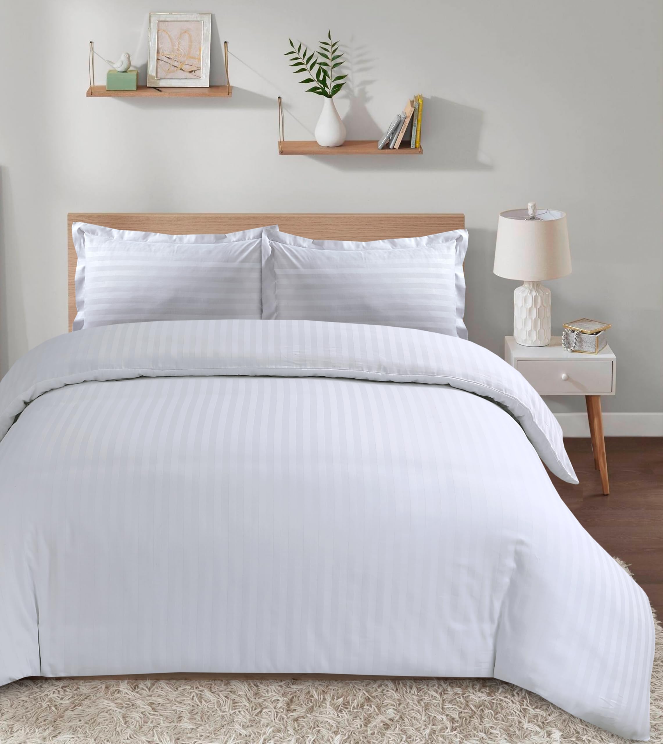 Casabella Satin Stripe Duvet Cover Sets, Luxurious Double White Bedding with Satin Stripes,Double Duvet Cover Set,Hotel Quality Double Duvet Set & Pillowcases, White Duvet Cover