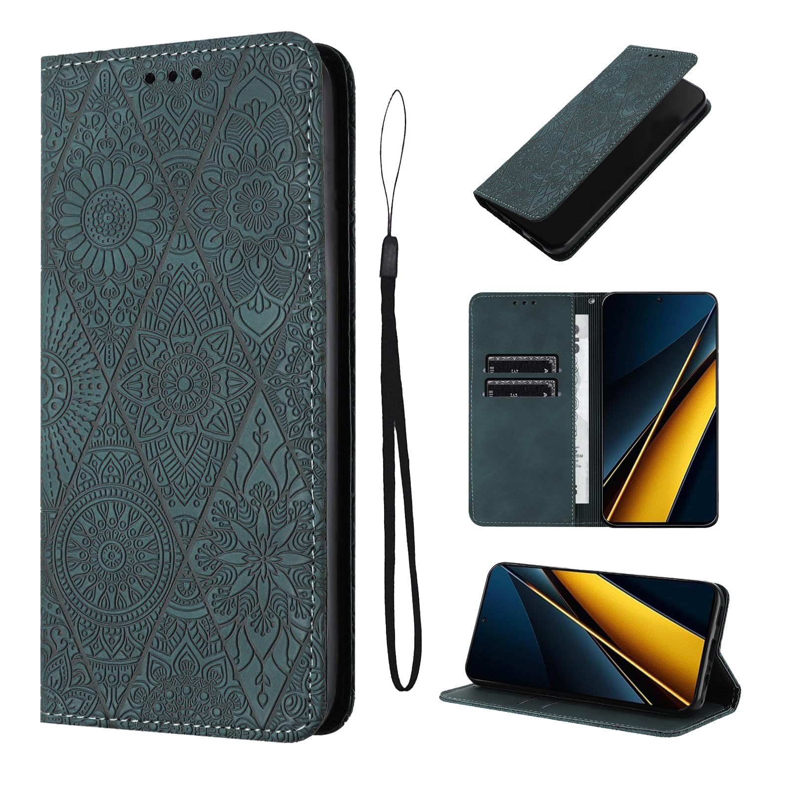 LSPCASA Phone Case For Xiaomi Poco X6 Pro 5G 6.67 inch Artificial Leather Poco X6 Pro Case With Card Slot Poco X6 Pro 5G Case Flowers Pattern Kickstand Cover Green