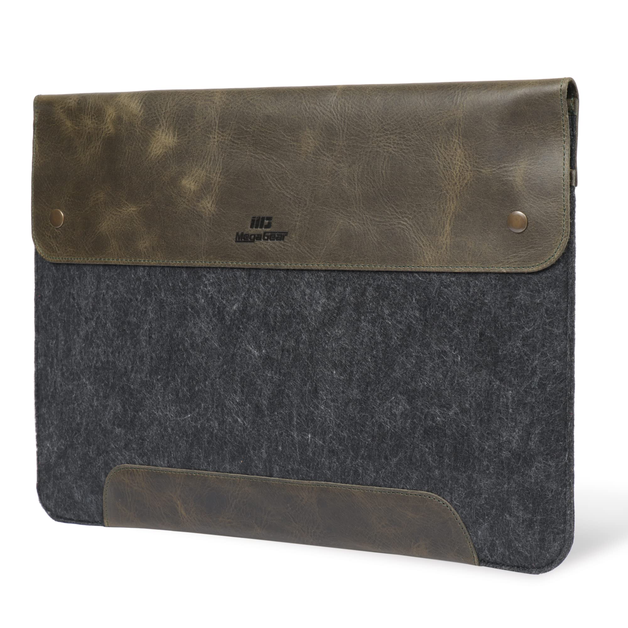 MegaGear Genuine Leather and Fleece Case Compatible with MacBook Pro 16 (M5, M4, M3, M2, M1) and MacBook Air 15.3 (M5, M3, M2) Laptop Sleeve, Olive, 15-16 Inch, 2020-2026