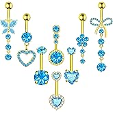 BSJ4U 8Pcs Gold Pink Silver Belly Button Ring Dangle Navel Belly Piercing Jewelry Cute CZ Butterfly Heart Flower Bow Navel Belly Rings for Women 14G Hypoallergenic Surgical Stainless Steel Dainty Dangling Dangly Belly Button Piercing Pack