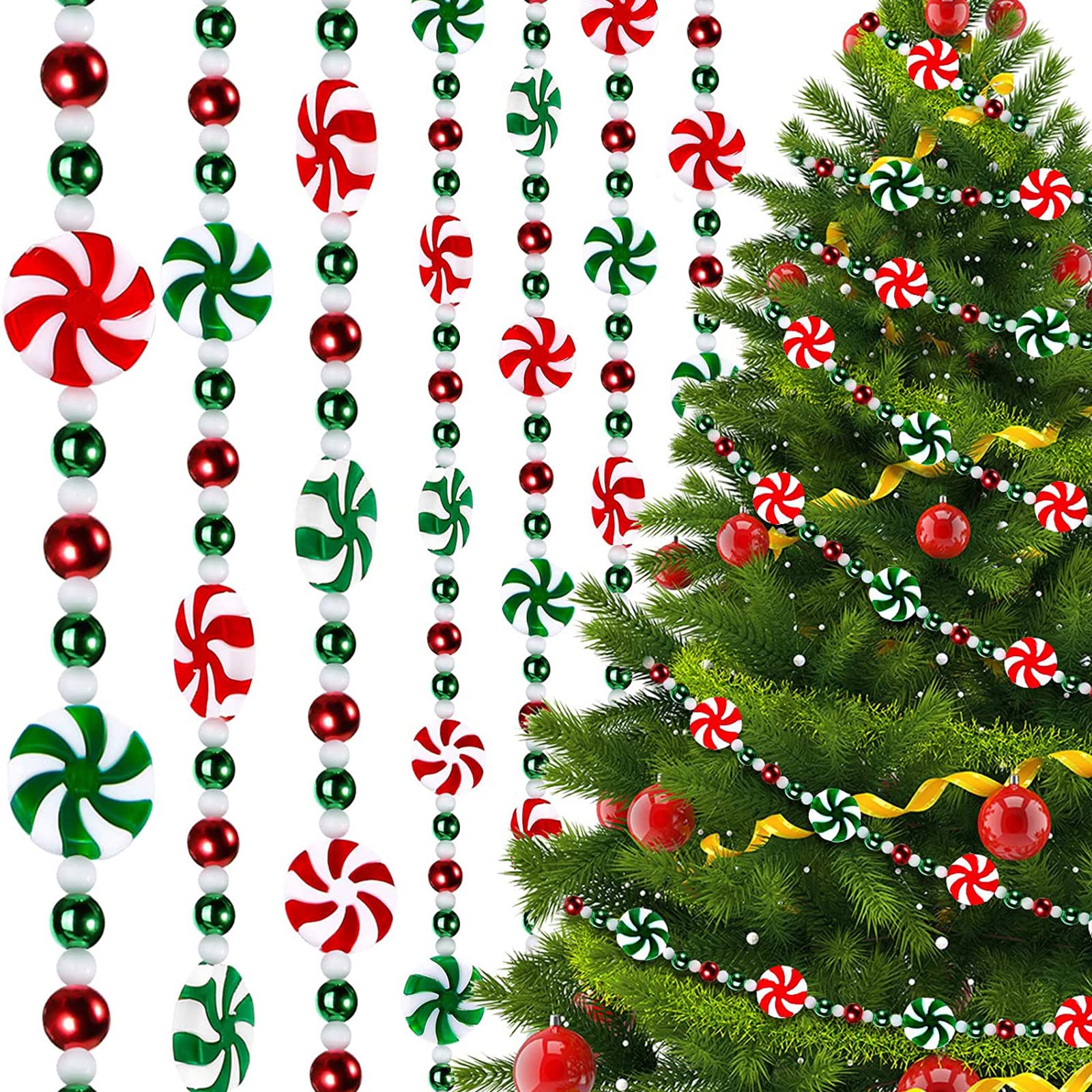 2.4M Candy Christmas Decorations Xmas Garland Decorations Red Green Beads for Christmas Tree Garland Hanging Decorations for Trees Fireplace Tinsel Decorations