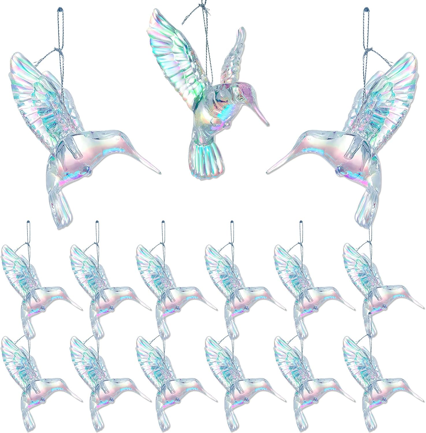 Ornaments - 15 Pcs Acrylic Hummingbird Christmas Hanging Ornaments Shiny Iridescent Hummingbird Ornament Acrylic Crystal Xmas Tree Pendants with Fish Line for Home Christmas Tree Party (Rainbow)