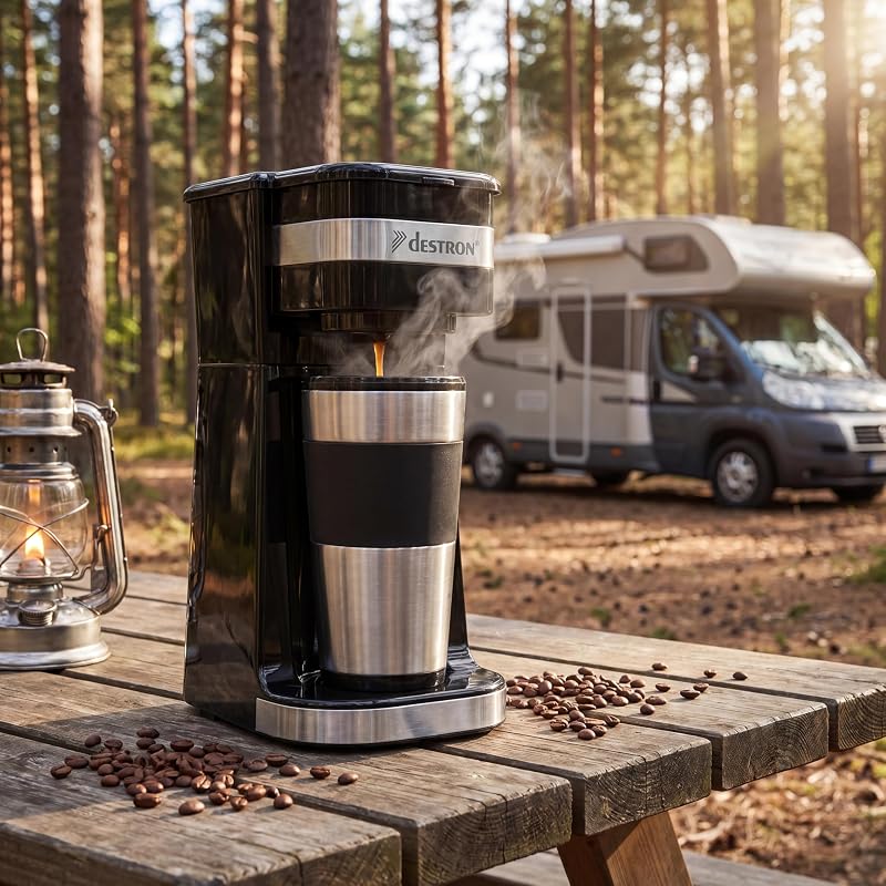 Caffettiera con tazza isolata, caffettiera da campeggio per caffè macinato con filtro, piccola caffettiera per 2 tazze grandi, 750 watt, acciaio inox, colore: argento