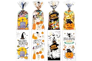 RICEDUO Halloween Cellophane Treat Bags, Halloween Trick or Treat Goody Gags 100pcs with Twists for Snacks Cookies Packing, Goodie Bags Halloween Party Supplies
