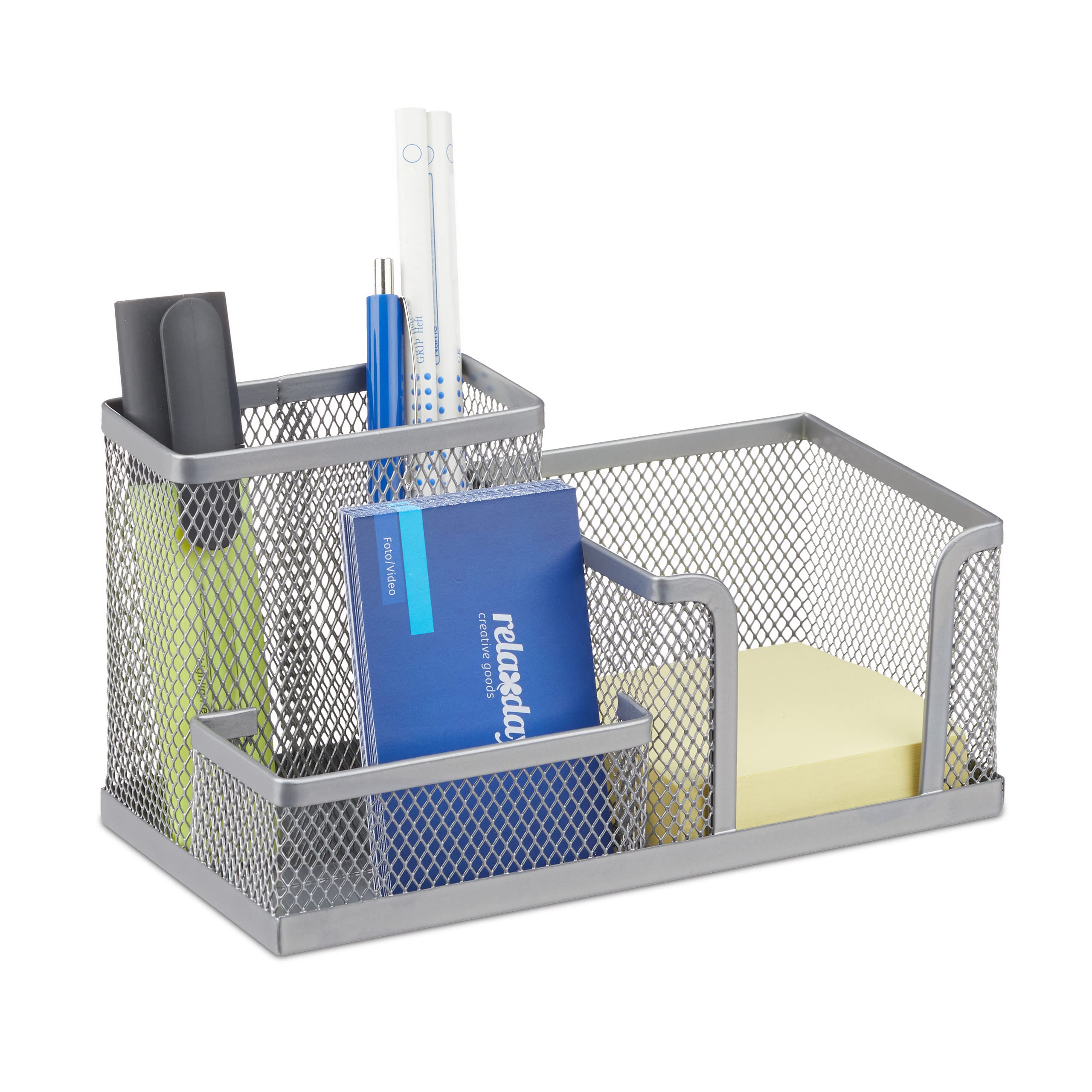 Relaxdays Desk Organizer, Stationary Tray with Pen Holder & Note Box, HWD: 10x18.5x9.5 cm, Silver