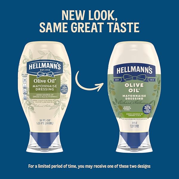 HELLMANN’S MAYONNAISE DRESSING WITH OLIVE OIL SQUEEZE BOTTLE CONDIMENT FOR SIMPLE MEALS AND SANDWICHES RICH IN OMEGA-3 ALA 20 OZ