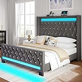 Rolanstar Queen Bed Frame with LED Light and Charging Station, Upholstered High Headboard and Footboard, Wood Slats, Noise Free, Easy Assembly, Grey
