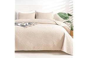 OARAGE King Quilt Bedding Set Lightweight Soft Beige Bedspread Coverlet with Leaf Pattern,Ultrasonic Microfiber Bed Cover Set for All Season 3 Pieces (1 Quilt, 2 Shams)