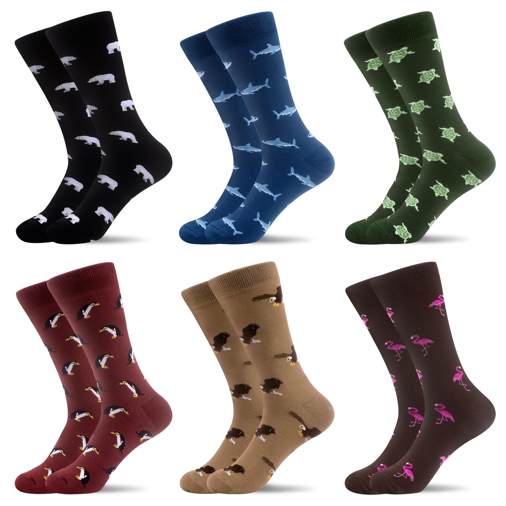 Photo 1 of WeciBor Men's Dress Patterned Cotton Crew Socks, 6 Pack Multicolor Animal, Size 7-12