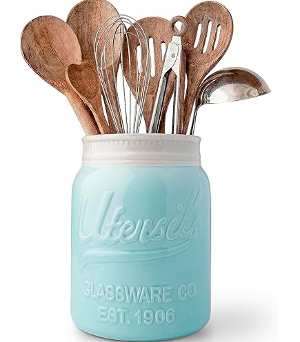 Elanze Designs Let It Snow Ceramic Utensil Holder – 7.2"H X 6.2"D, Cork Bottom, Sky Blue Snowflake Winter Décor - View #4