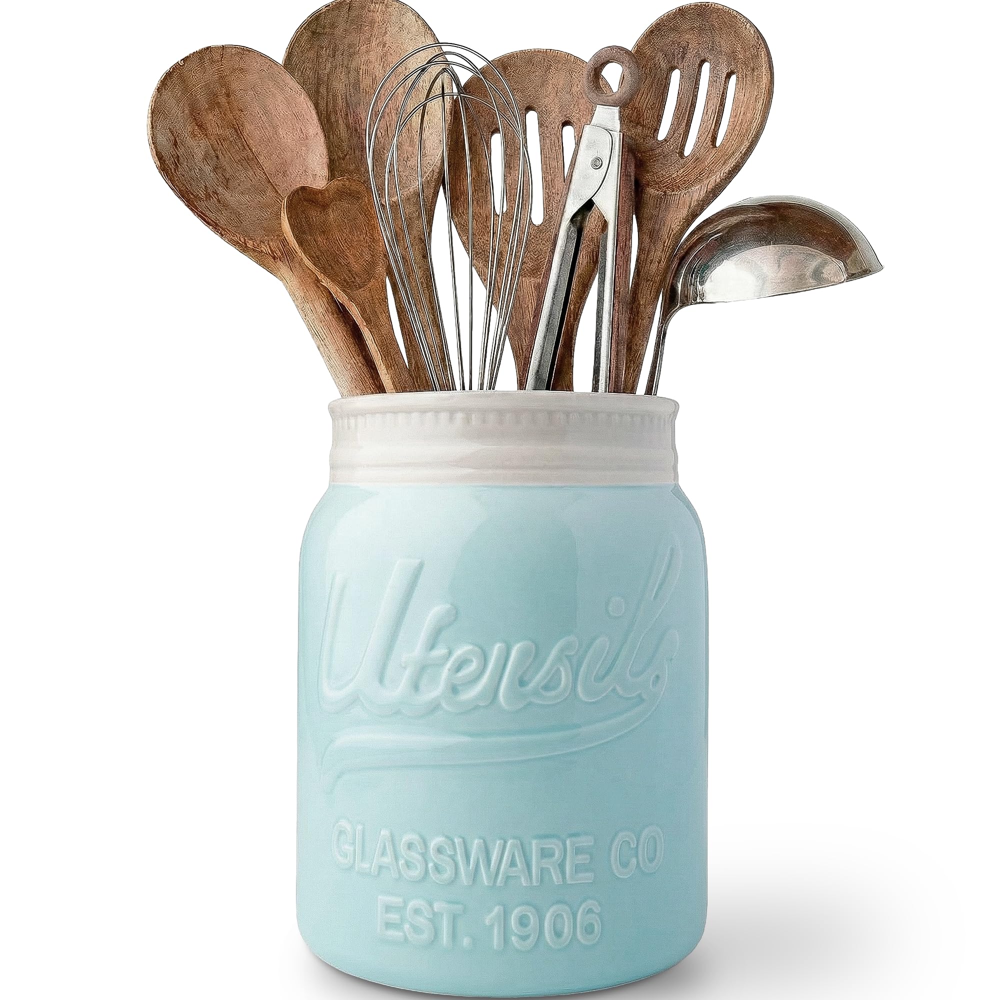 Wide Mouth Mason Jar Utensil Holder by Comfify - Decorative Kitchenware Organizer Crock, Chip Resistant Ceramic, Dishwasher Safe - Kitchen Caddy - Aqua Blue, Large Size 17.78cm High