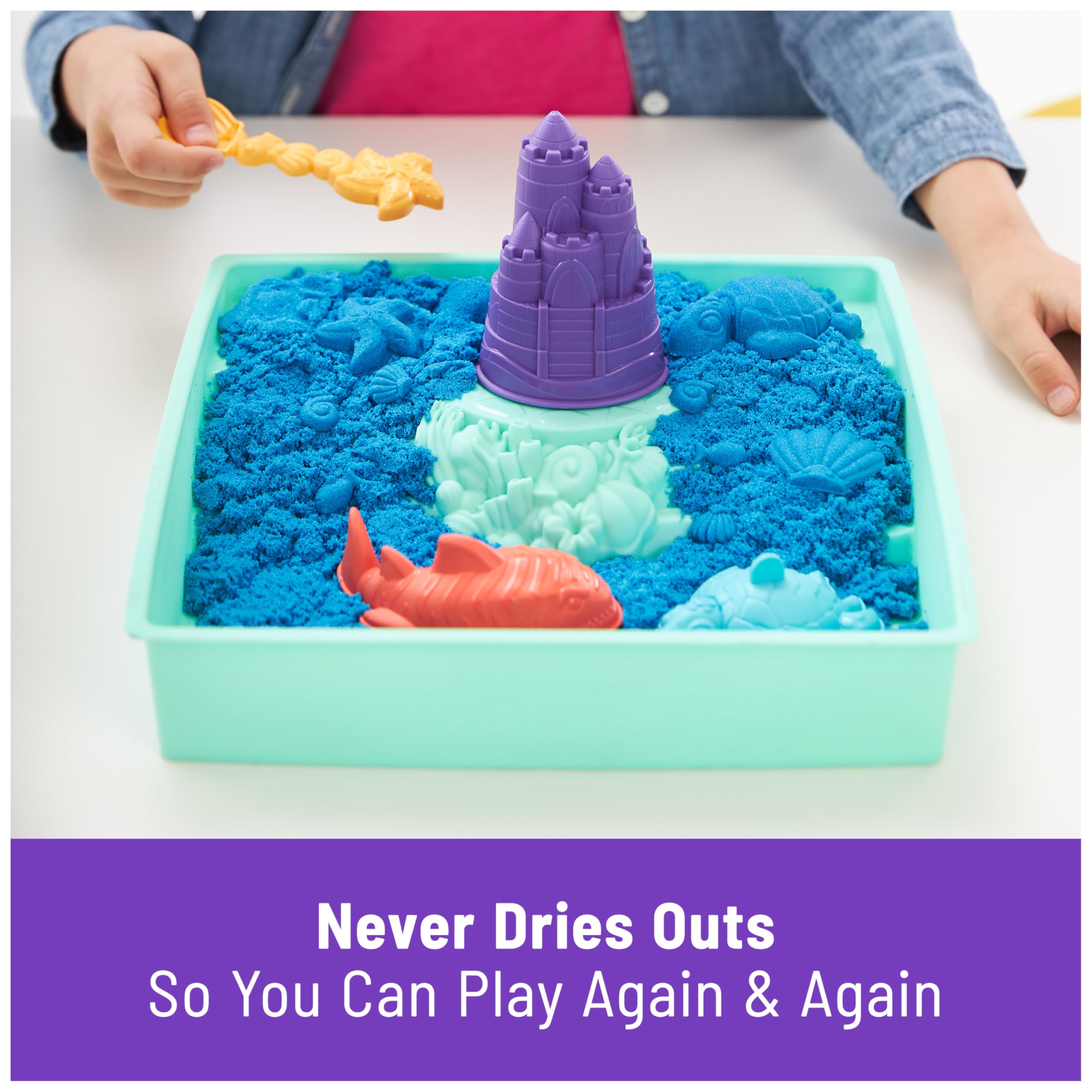 Kinetic Sand, Sandbox Set with 1lb Blue Play Sand, 4 Tools & Molds, Storage, Sensory Toys for Kids Ages 3 and up