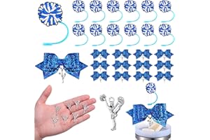 RimCereal 36 Pcs Blue Cheerleading Tumbler Accessories, 12 Pcs 10 mm Straw Cover Straw Toppers, 12 Glitter Bows and 12 Cheerleaders Pendants Charms for Tumblers Decor Cheerleading Gifts