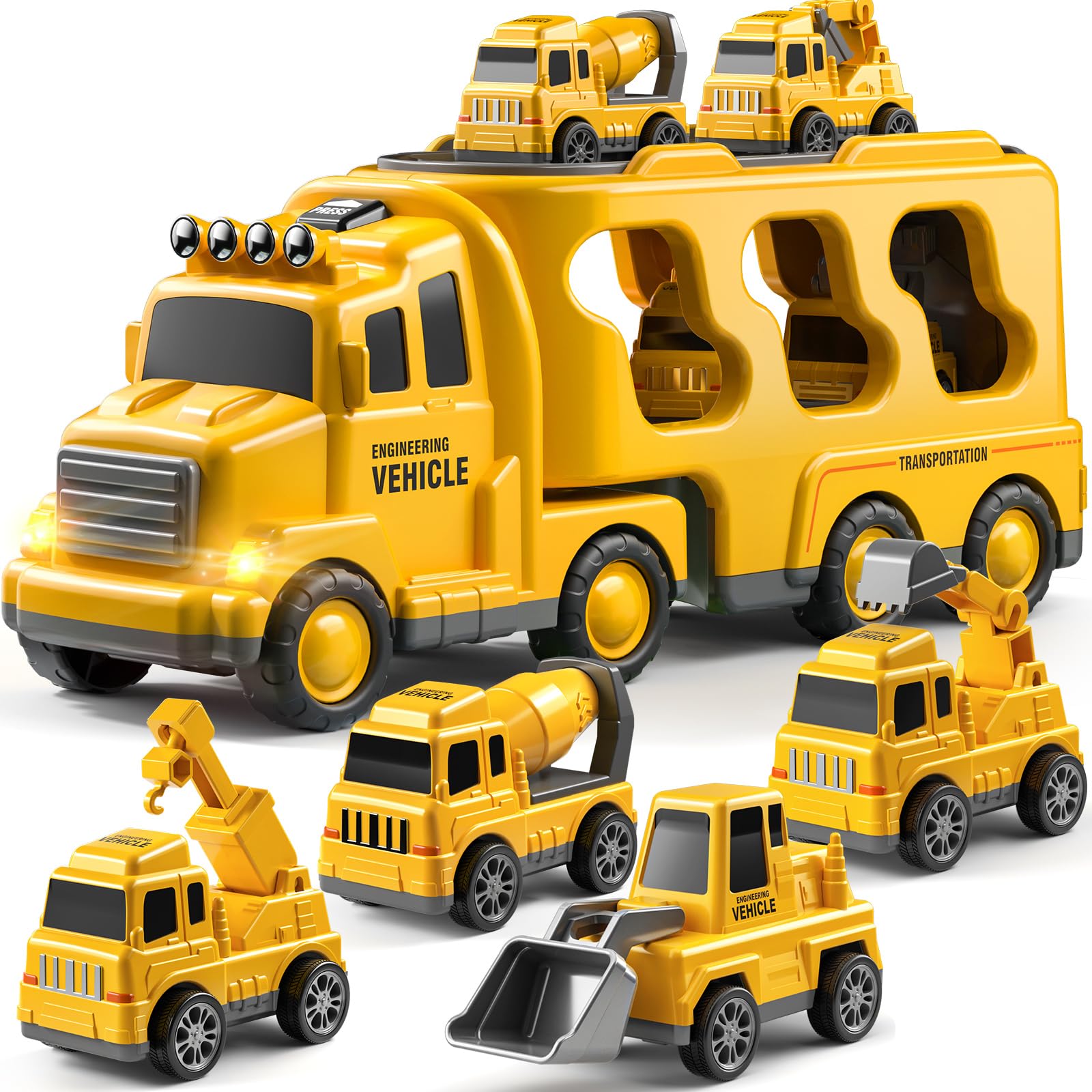 JUKUDAHU Trucks for Toddlers 3-8 Years Boys Girls, 5 in 1 Construction Carrier Toy Trucks for Kids, Detachable Transport Trailer Toy, 3 Year Old Boy Gifts Birthday Toy