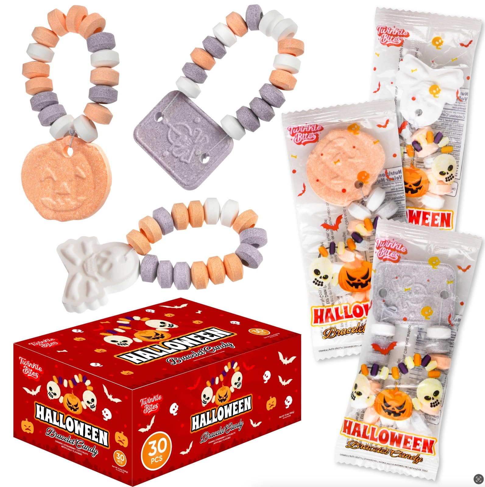 Photo 1 of 30 Pack Halloween Candy Bracelets - Individually Wrapped Holiday Themed Pumpkin And Skull Bracelets – Trick Or Treat Strawberry And Tutti Frutti Delicious Candys - Bulk Halloween Candy’s Great Use, For Kids, Trick or Treat, Party Favor, Classrooms, Goodie