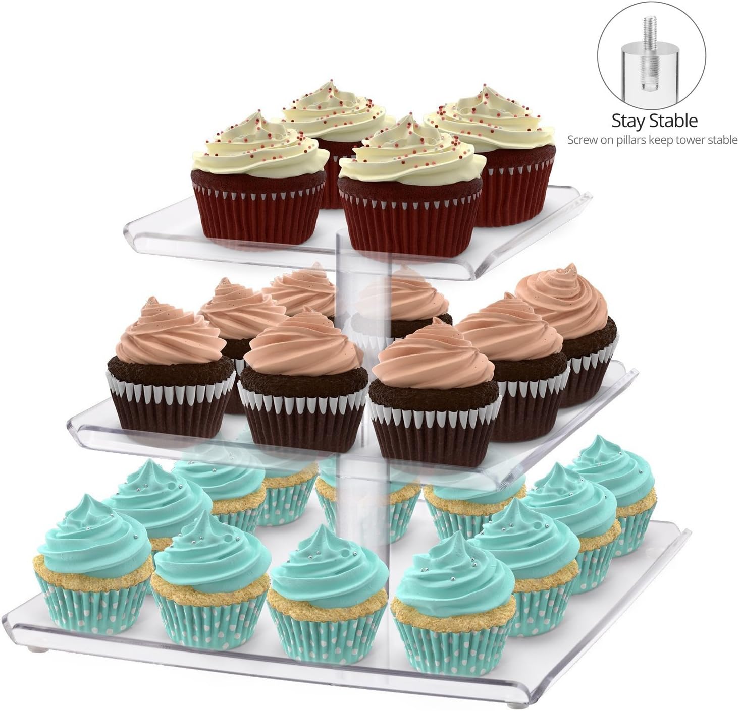 Utenlid Acrylic 3-Tier Square Stacked Party Cake Stand with Borders and Stable Screw-On Pillars - Tiered Cupcake Stand / Cupcake Tower