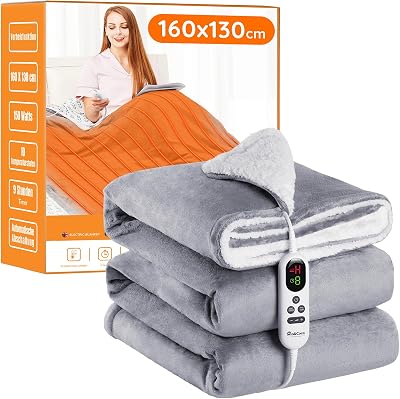 Manta Electrica Grande Termica Cama 160x130cm, 10 Niveles de Calor y Temporizador de Apagado automático de 1~9 Horas y Pantalla Digital, Lavable a máquina, Sherpa de Franela