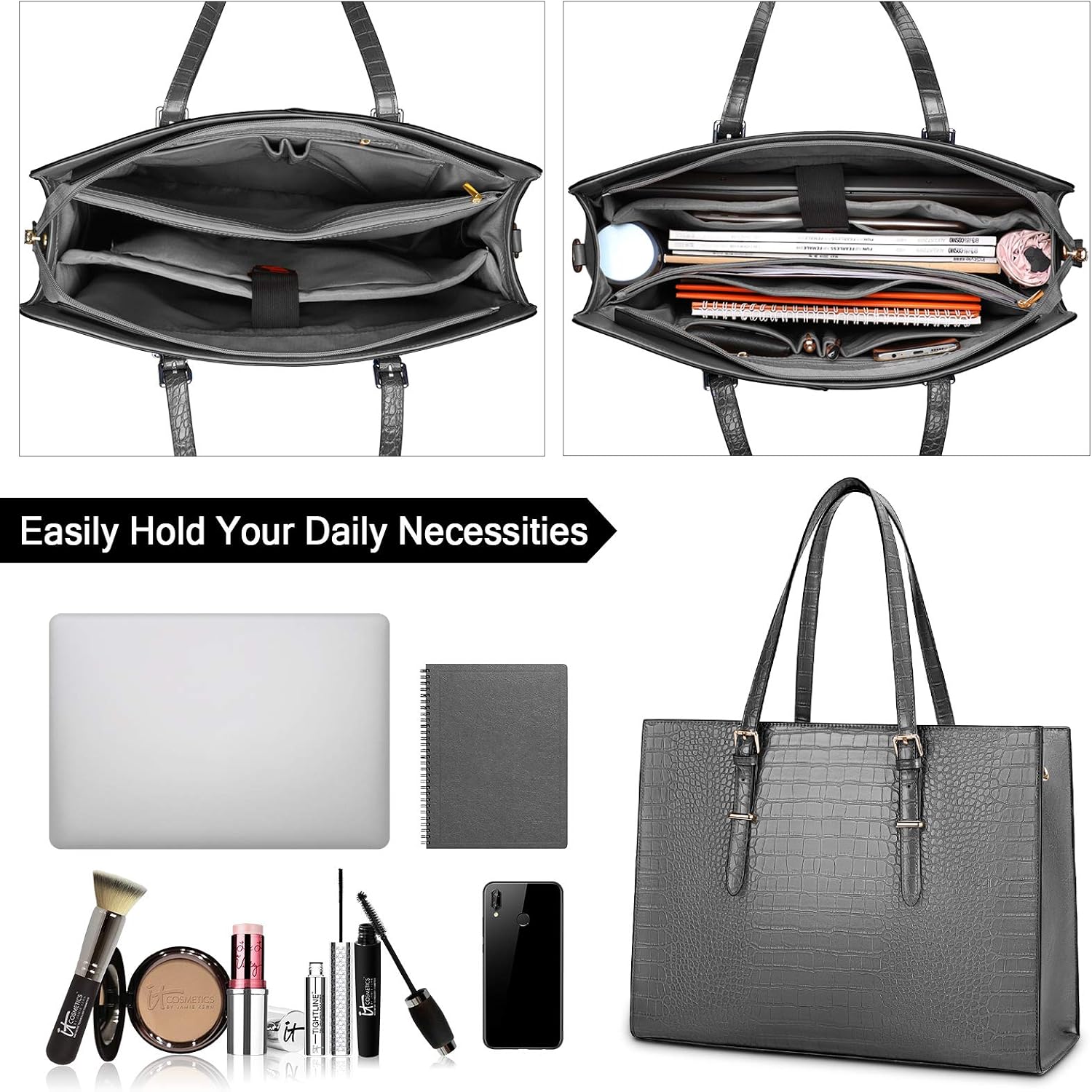 Lubardy Laptop Bags for Women Tote Bag 15.6 Inch Leather Large Ladies Handbag Work Bag Designer Business Shoulder Shopping Office Bag Grey - Image 4
