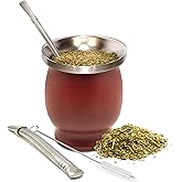 Norte Yerba Mate Cup Kit, 8-Ounces Traditional Mate Tea Cup/Gourd Set | Includes 2 Bombillas (Yerba Mate Straw) & Cleaning Brush, Stainless Steel Cup, Double-Walled, Easy to Clean | Burgundy