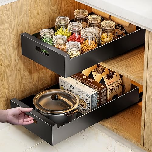 HBL' Pack Deep Pull Out Cabinet Organizer Adhesive, 10-Inch Wide  Sturdy Carbon Steel Roll-Out Drawers for Face Frame or Frameless Cabinets, 