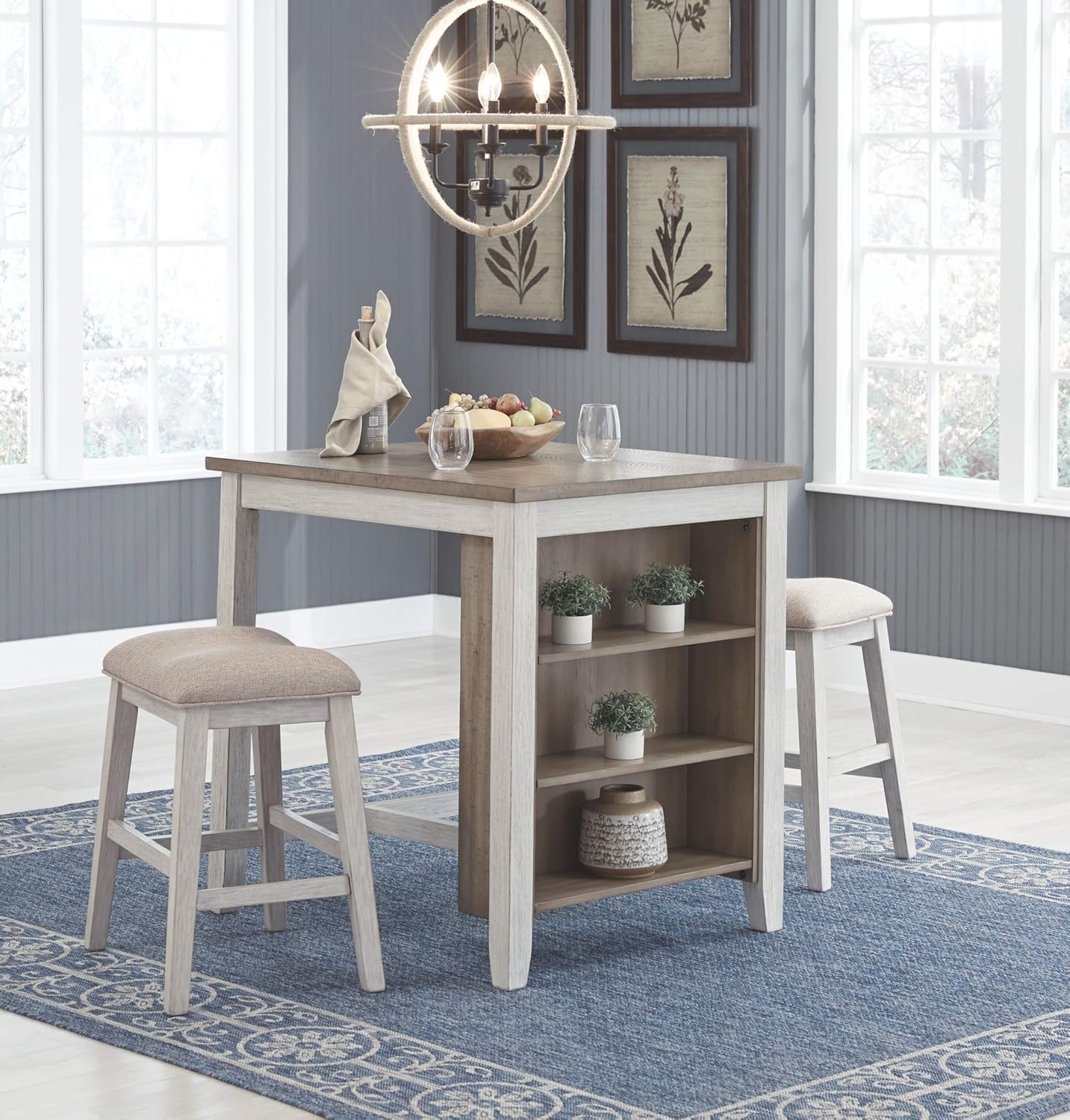 Signature Design by Ashley Skempton Counter Height Dining Room Table and Bar Stools (Set of 3), White/Light Brown - Table & Chair Sets