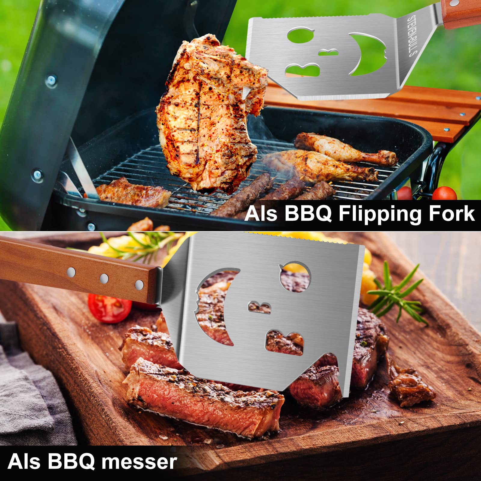7 in 1 grillspachtel für Barbecue Grill, Multifunktion Grillbesteck mit Holzgriff, Eingebaute grillbesteck-set-Funktion,Kreativer Grillwender, Einzigartige Grillwerkzeuge, Grillen Geschenke für Männer 4