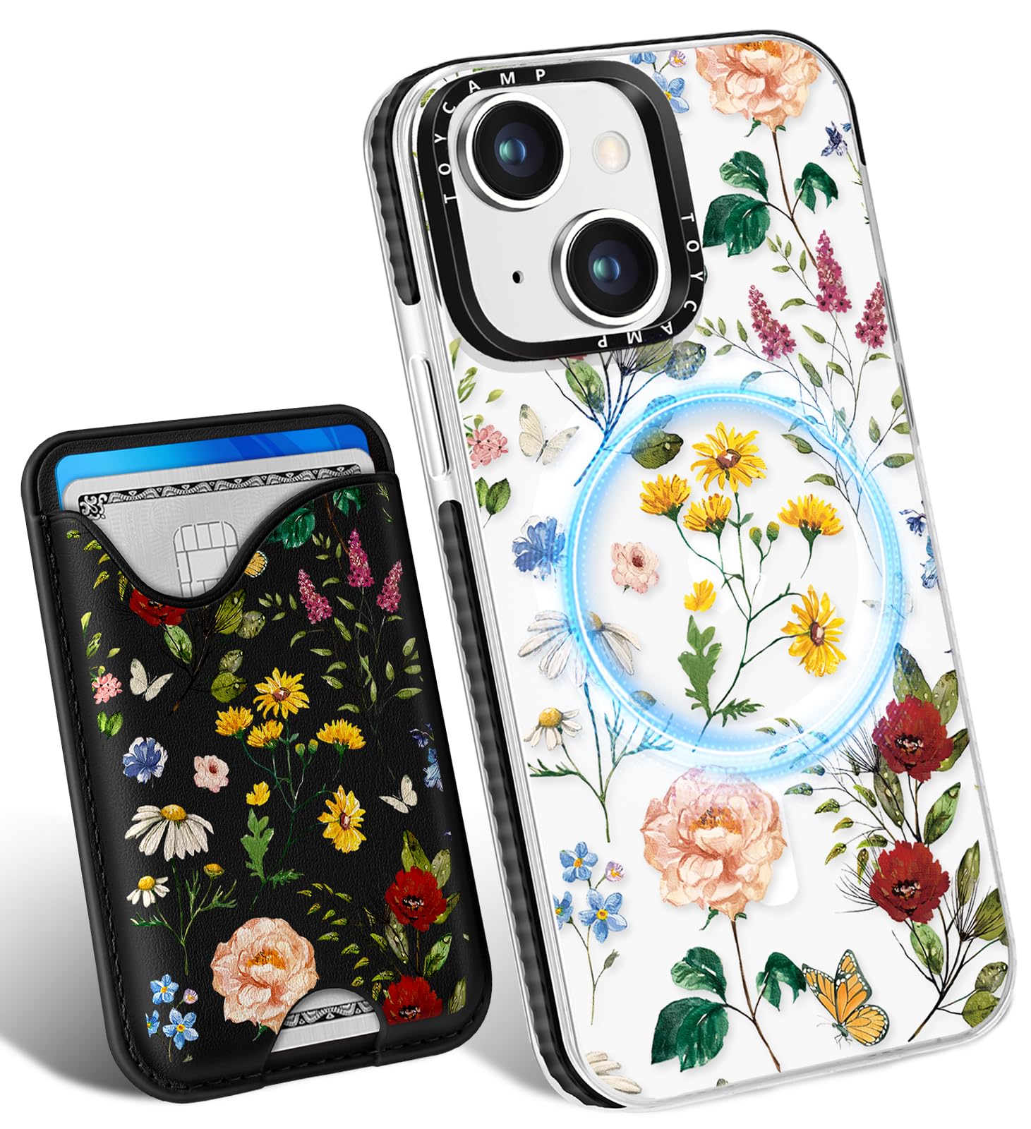 Photo 1 of Toycamp for iPhone 14 Case, for iPhone 13 Case - Compatible with Magsafe Credit Card Holder Wallet Magnetic Cute Women Teen Girls Kawaii Girly Unique Flower Floral Design Phone Cover for iPhone 14/13