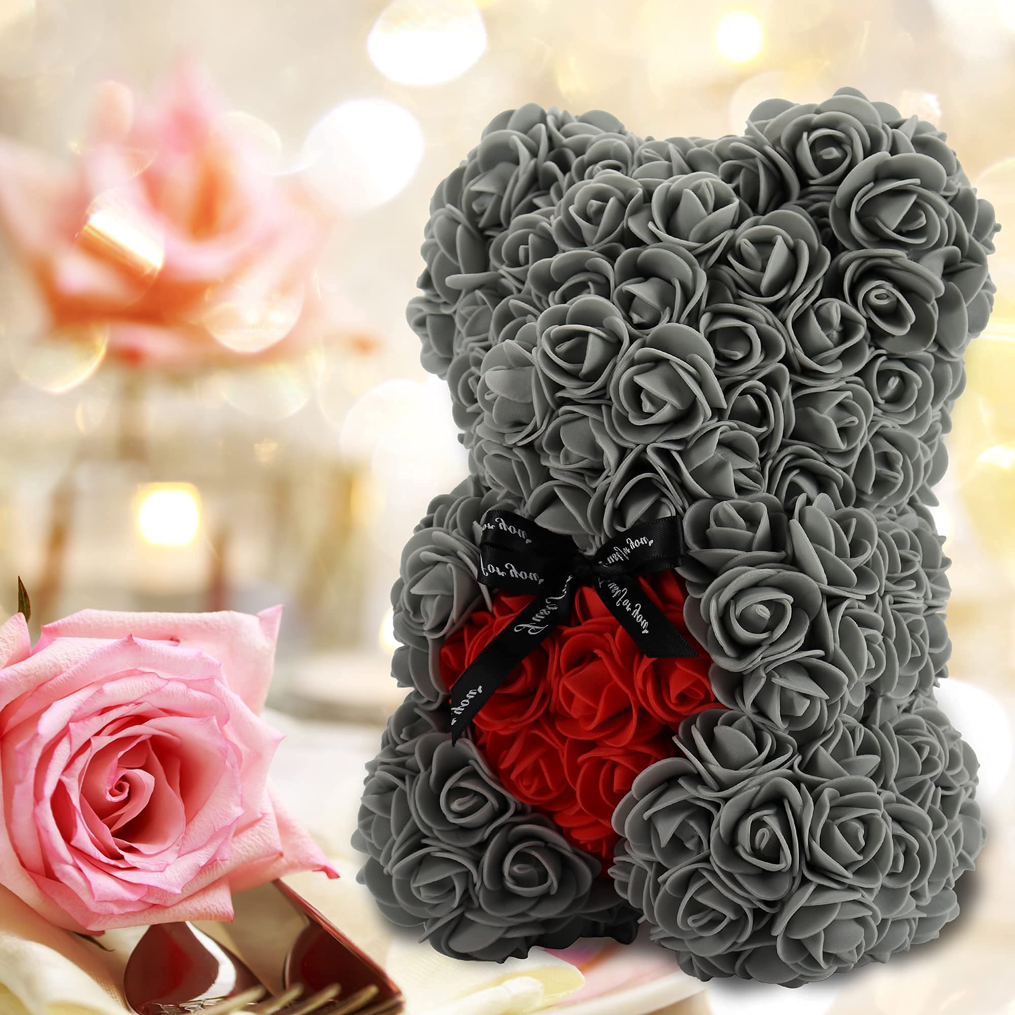 Gifts for Women，Birthday Gifts ，Rose Flower Bear-Hand Made Rose Teddy Bear,Best Artificial Decoration Gifts for mom, Gifts for Girls,Unique Gifts,The Perfect Party Clear Gift Box (Gray)