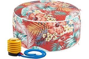 IN4 Care Outdoor/Indoor Inflatable Ottoman Pouf D20 xH9, All Weather Round Footstool with Foot Pump, Water Repellent Portable Footrest with Handle for Patio Garden Camping Travel-Chili Red Floral