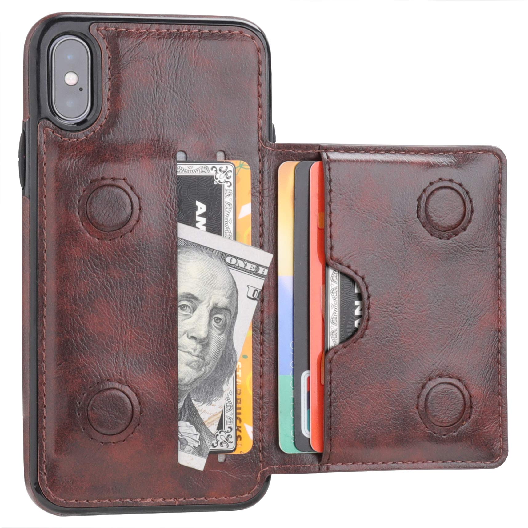 Photo 1 of KIHUWEY Compatible with iPhone Xs/X Wallet Case Credit Card Holder, Premium Leather Kickstand Durable Shockproof Protective Cover for iPhone X/Xs 5.8 Inch(Brown)
