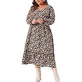 Agnes Orinda Plus Size Dress for Women Boho Floral Print V Neck Long Sleeve Ruffle Hem Long Maxi Dresses Casual Vacation