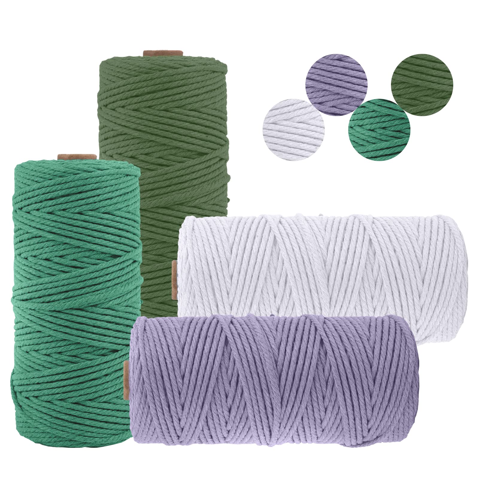 Uiopa Set of 4 Macrame Cord 3mm x 100m, Thick Natural Cotton Rope Coloured Craft String Soft Macrame Yarn Cotton String for DIY Plant Hanger, Wall Hanging, Gift Wrapping, Home Decoration (A)