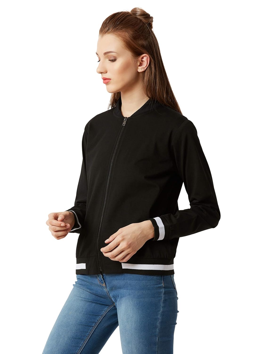 miss chase women's black ribbed bomber jacket