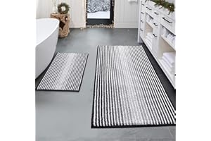 BSICPRO Bathroom Rugs and Mats Sets, 2 Piece Thick Absorbent Chenille Bath Mat Rug Set Non Slip, Soft Shaggy Bath Room Floor Mats for Bathroom, Machine Washable (20" x 47" Plus 16" x 24", Black)