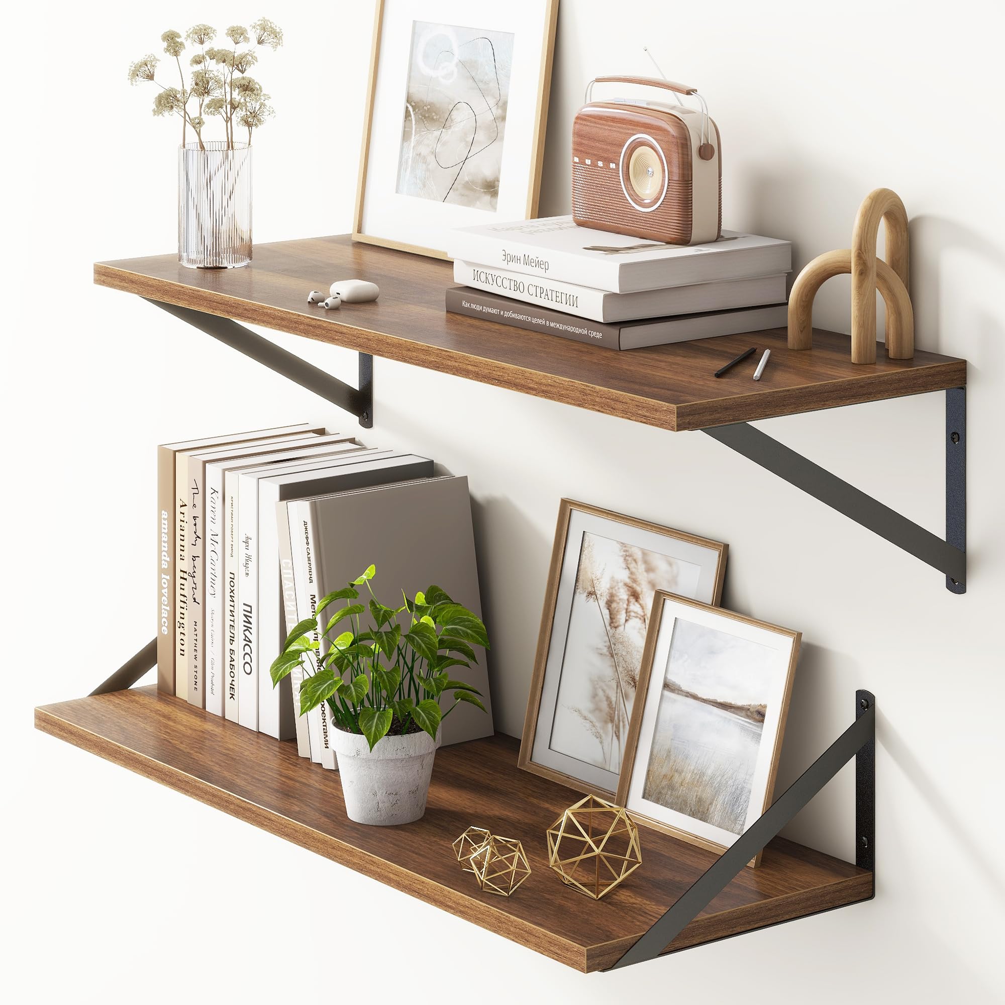 Photo 1 of 10 Inch Deep Floating Shelves, Walnut Floating Shelves 30 Inch Long, Rustic Wood Wall Shelves 30"W x 10"D, Deep Floating Shelf with Bracket, Wide Storage Shelves for Books, Living Room, Bathroom