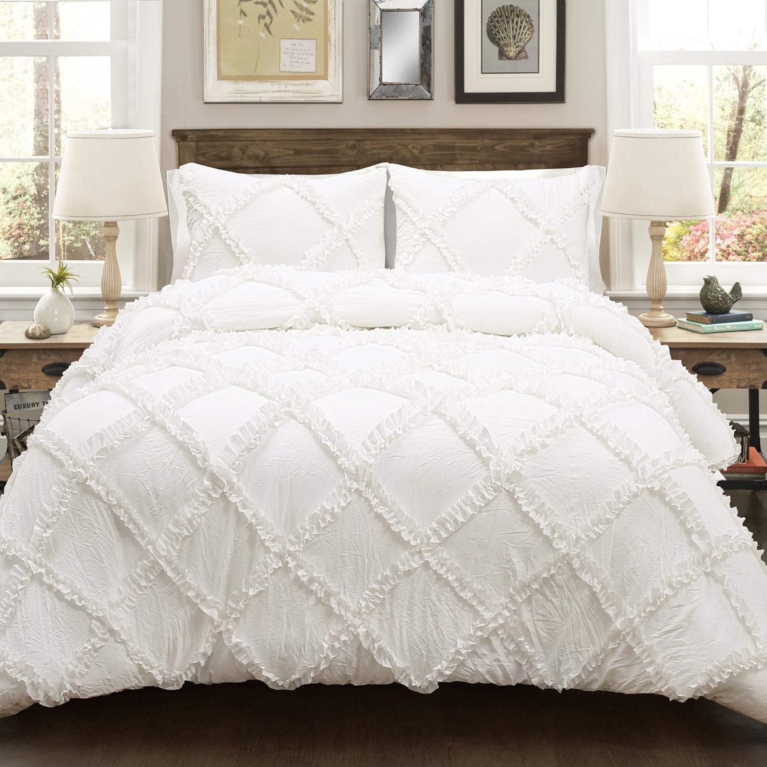 Lush Decor Lush Décor Ruffle Diamond 3 Piece Comforter Set, King, White