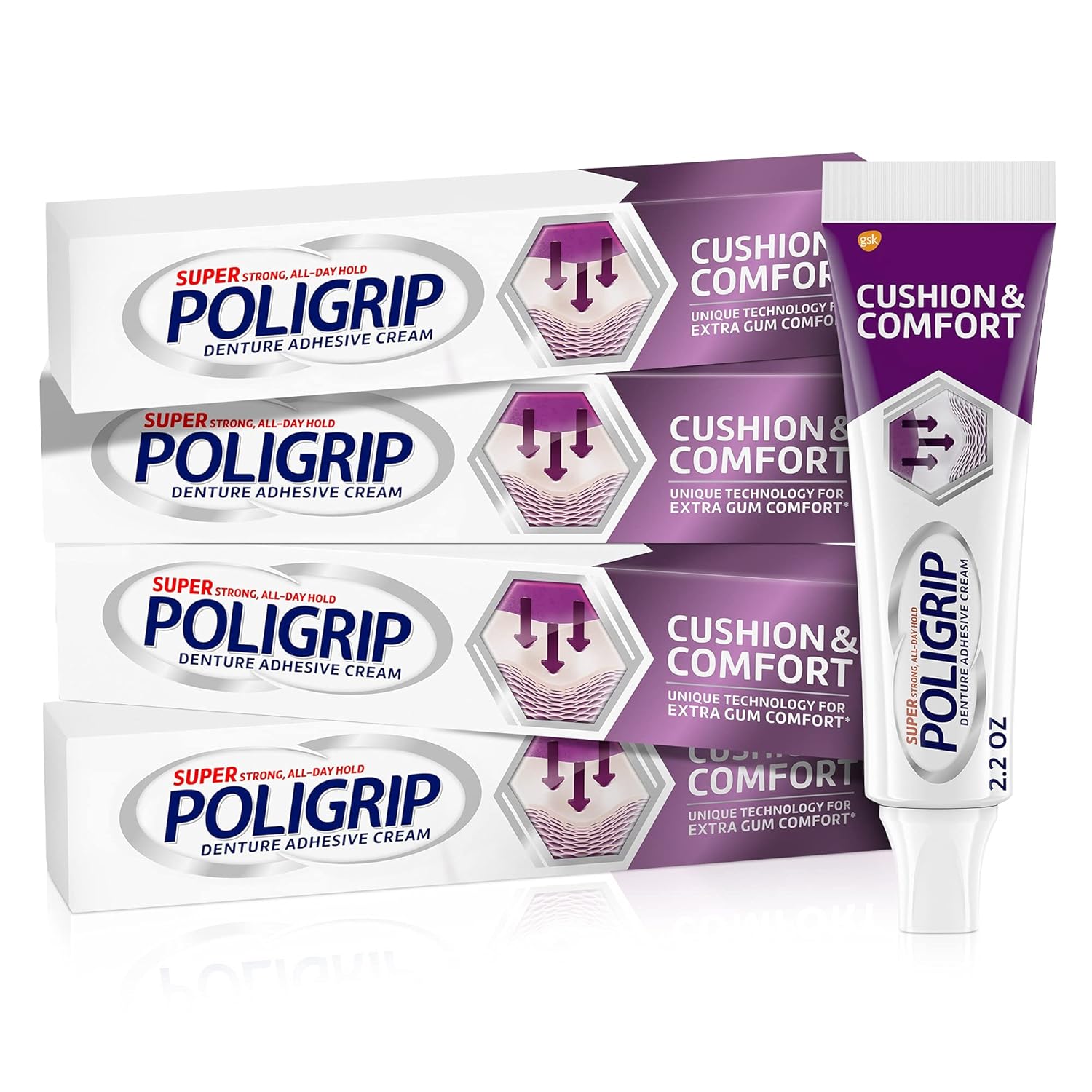 Super Poli-Grip Poligrip Cushion & Comfort, Denture and Partials Adhesive Cream for Extra Comfort and Hold of Dentures, 2.2 Ounces (Pack of 4) : Beauty