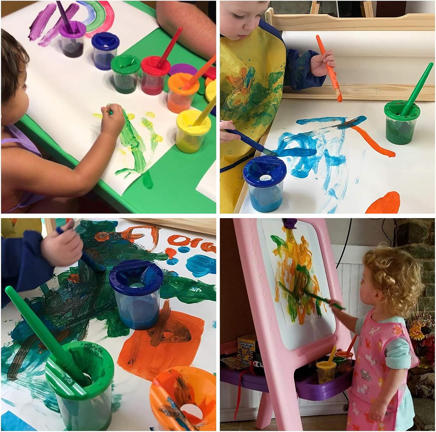 Kids Spill-Proof Paint Cups, Children's No Spill Paint Cups with Colored Lids, Easy to Clean, Kids Art Paint Supplies for School, Classroom, 3.5 Inches Tall: Kitchen & Dining