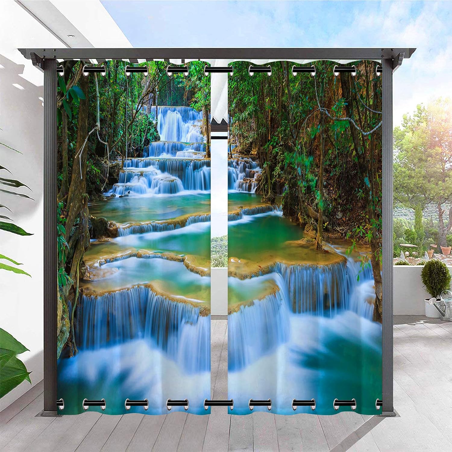 Outdoor Curtains - ANHOPE Outdoor Curtains Waterproof - Grommet Top and Bottom Windproof Window Curtains with Nature Landscape Waterfall Print Pattern Privacy Curtains for Patio/Pergola/Gazebo, 2 Panels, 54 x 84 Inch