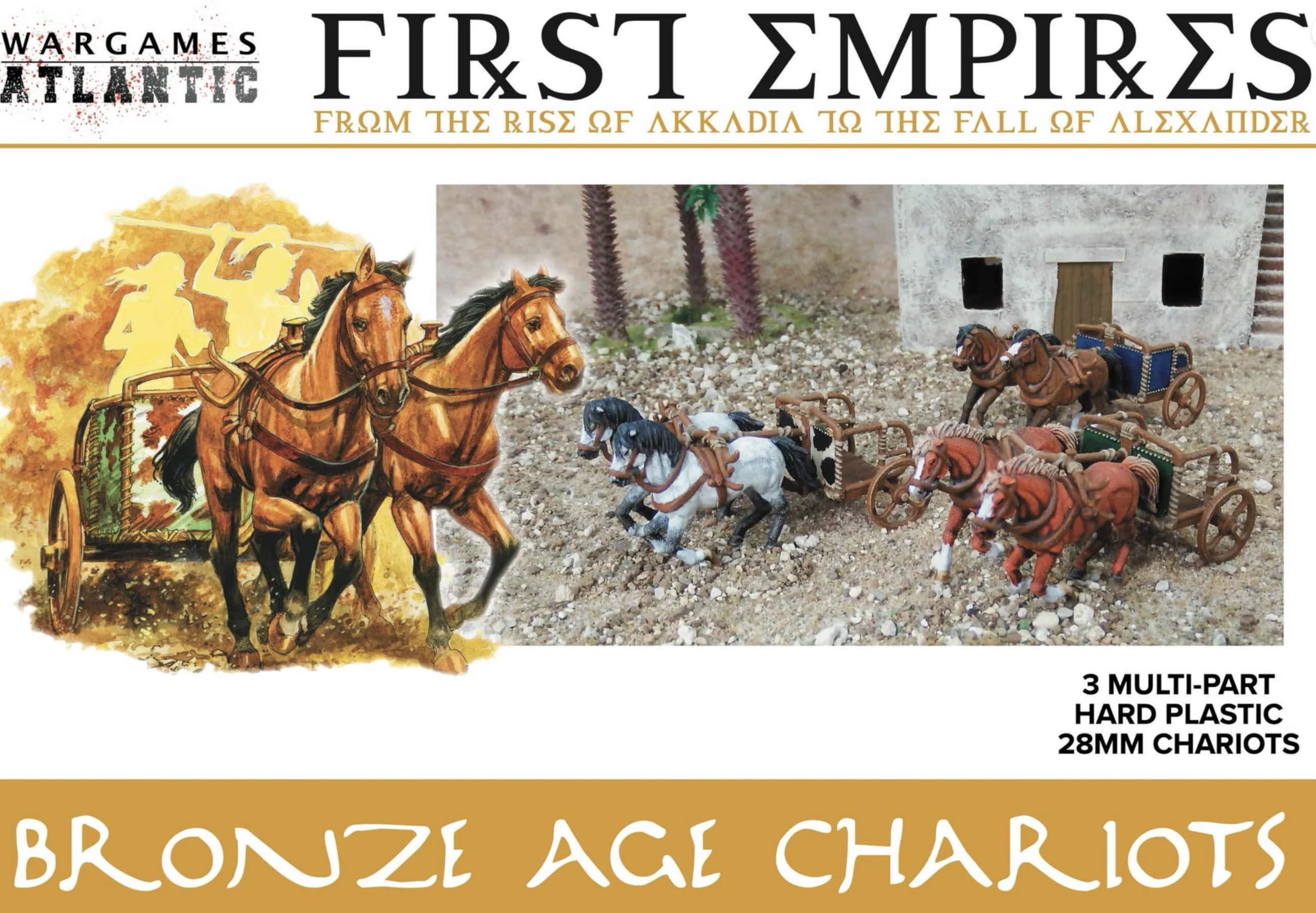 Wargames Atlantic, First Empires - Bronze Age Chariots - 3 Multi-Part Hard Plastic (HIGH Impact POLYSTYRENE) 28MM Figures